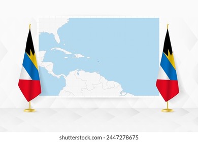 Map of Antigua and Barbuda and flags of Antigua and Barbuda on flag stand. Vector illustration for diplomacy meeting.