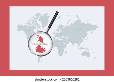 Map of Antigua and Barbuda on political world map with magnifying glass