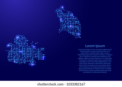 Map Antigua and Barbuda from printed board, chip and radio component with blue star space on the contour for banner, poster, greeting card, of vector illustration.