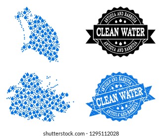 Map of Antigua and Barbuda vector mosaic and clean water grunge stamp. Map of Antigua and Barbuda designed with blue water dews. Seal with grunge rubber texture for clean drinking water.