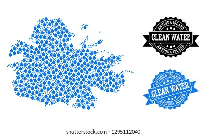 Map of Antigua Island vector mosaic and clean water grunge stamp. Map of Antigua Island composed with blue water tears. Seal with grunge rubber texture for clean drinking water.