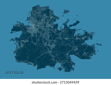 O mapa de Antígua é apresentado numa paleta azul monocromática. A forma da ilha é claramente definida contra um fundo azul mais claro, representando o oceano circundante.