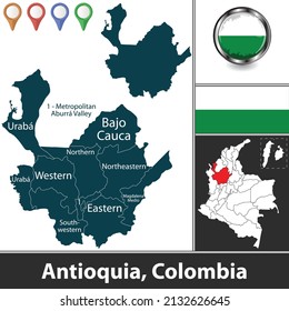 Map of Antioquia department with municipalities and location on Colombian map. Vector image