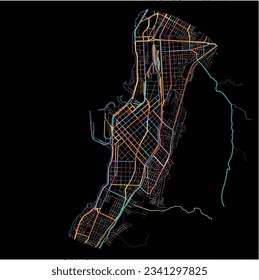 Map of Antofagasta with all major and minor roads, railways and waterways. Colorful line art on black background.