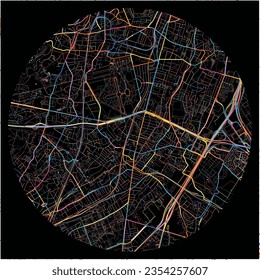 Map of Antony, Hauts-de-Seine with all major and minor roads, railways and waterways. Colorful line art on black background.