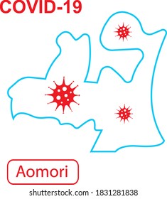 Map of Aomori labeled "COVID-19". Blue outline map on a white background. Vector illustration of a virus, coronavirus, epidemiology.