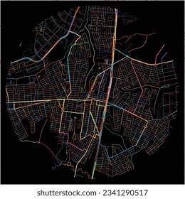 Map of AparecidadeGoiania with all major and minor roads, railways and waterways. Colorful line art on black background.