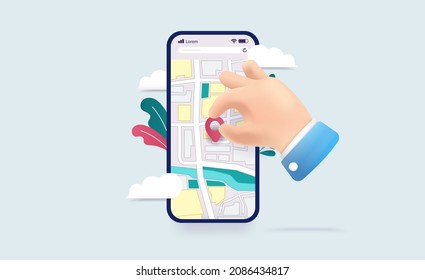 Map app on phone - Smartphone with hand putting geotag on screen. Vector illustration