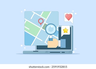 Map application concept, View map on laptop, Map software for exact location, Search engine map, Search location. GPS navigation, route movement and location search. Flat vector illustration.