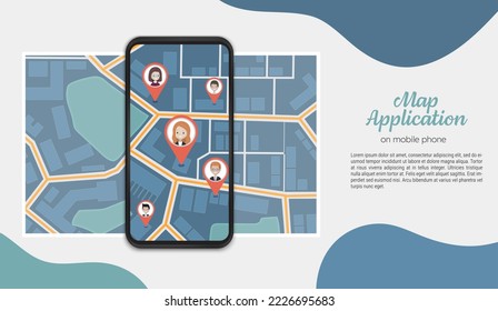 Map application on mobile phone with city direction street view and map pointers