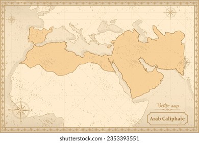 Map of Arab Caliphate in the old style, brown graphics in retro fantasy style. svg