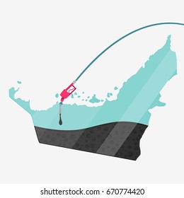 Map of Arab Emirates being fueled by oil. Gas pump fueled map. On the map there is glass reflection. Conceptual. Oil producing or importing countries.