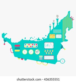 Map of Arab Emirates like a cute machine with buttons, panels and levers. Isolated. White background.