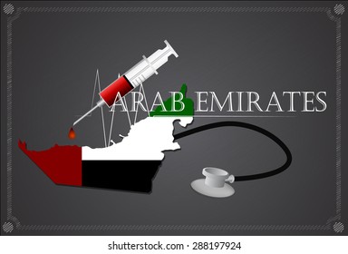 Map of Arab emirates with Stethoscope and syringe.