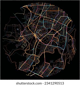 Map of Aracaju with all major and minor roads, railways and waterways. Colorful line art on black background.