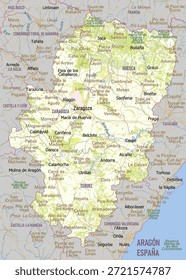 Mapa de la región de Aragón en España, mostrando sus límites geográficos y las principales ciudades.
