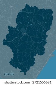 Mapa de Aragão, Espanha, é apresentado em tons de azul e cinza. O contorno da região é preenchido com um azul mais escuro, contrastando com o cinza mais claro das áreas circundantes.