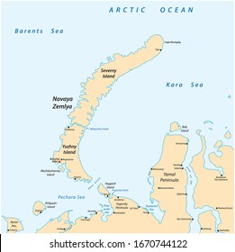 Map of the archipelago Nova Zemlya in the Arctic Ocean in northern Russia