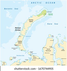 Map of the archipelago Nova Zemlya in the Arctic Ocean in northern Russia