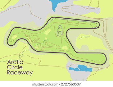 Karte des Arctic Circle Raceway. Die Strecke ist schwarz umrissen und von grünem und gelbem Gelände umgeben. Es gibt auch einige Wasserkörper, die in blau dargestellt sind.