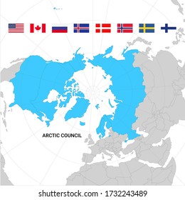 Map of Arctic council countries and flags
