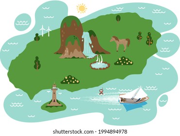 Map of area and attractions of green island top view. Famous landmarks park and waterfall, adventure time, active leisure. Tourist route for travelers who love pure wildlife and boat trips in vacation