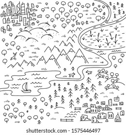 Map of the area. Cartoon city, mountains river and village. Forest hills and sea. Hand drawn sketch vector and black line outline contour.