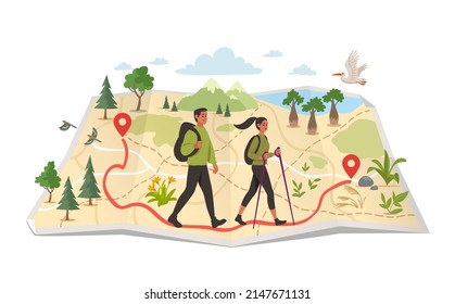 Map of the area with a laid route along which traveling tourists. Vector illustration