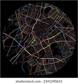 Map of Arequipa with all major and minor roads, railways and waterways. Colorful line art on black background.