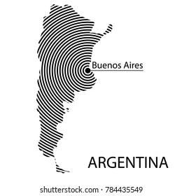 Map of Argentina. Abstract black and white striped map of the country with the design of the capital. Isolated on white background.