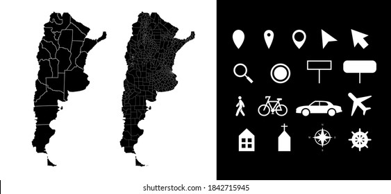 Mapa de departamentos de las regiones administrativas de Argentina con íconos. Alfiler de localización de mapas, flecha, vidrio de aspecto, carteles, hombre, bicicleta, auto, avión, casa. Mapa vectorial argentino de esquema libre de regalías.