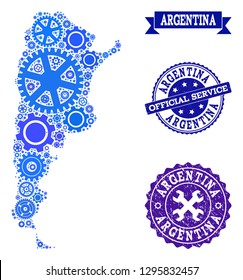 Map of Argentina composed with blue wheel symbols, and isolated grunge stamps for official repair services. Vector abstract mosaic of map of Argentina with job symbols in blue hues.