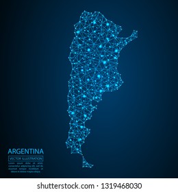 A map of Argentina consisting of 3D triangles, lines, points, and connections. Vector illustration of the EPS 10.