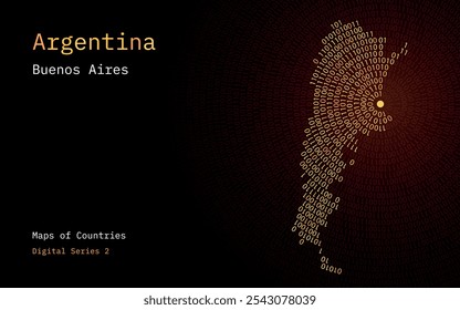 A map of Argentina depicted in zeros and ones in the form of a circle. The capital, Buenos Aires, is shown in the center of the circle	