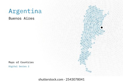 A map of Argentina depicted in zeros and ones in the form of a circle. The capital, Buenos Aires, is shown in the center of the circle	