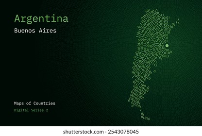 A map of Argentina depicted in zeros and ones in the form of a circle. The capital, Buenos Aires, is shown in the center of the circle	