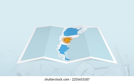 Mapa de Argentina con la bandera de Argentina en el contorno del mapa en un contexto abstracto de viaje. Ilustración de viaje.