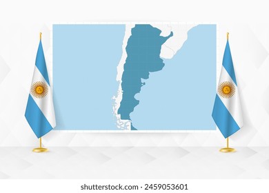 Map of Argentina and flags of Argentina on flag stand. Vector illustration for diplomacy meeting.