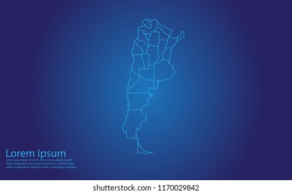 Map of argentina - With glowing point and lines scales on the dark gradient background. argentina map with country borders, thin Blue outline on Dark background.