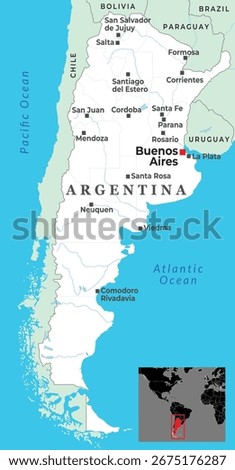 Map of Argentina with major cities, neighboring countries, and inset showing its global location in South America