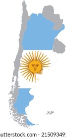 Map of Argentina with national flag within the gray map of the southern region of South America