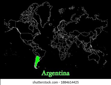 Map of Argentina on black background.  The map shows the location of Argentina in the world. The vector map is appropriate for prints of all sizes. An isolated map on black background.