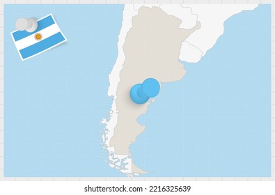 Mapa de Argentina con un pin azul. Bandera enclavada de Argentina, ilustración vectorial.