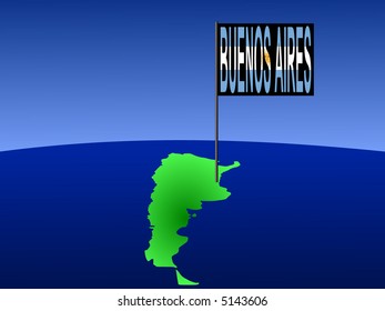 map of Argentina with position of Buenos Aires marked by flag pole illustration