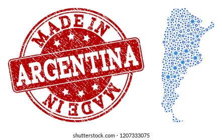 Map of Argentina vector mosaic and Made In grunge stamp. Map of Argentina composed with blue gear links. Made in red seal with grunge rubber texture.