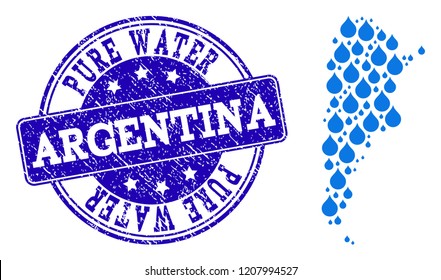 Map of Argentina vector mosaic and Pure Water grunge stamp. Map of Argentina created with blue water raindrops. Seal with grunge rubber texture for natural drinking water.