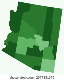 Map of Arizona with counties. A simple state border map with county divisions in a green color palette. Vector illustration.