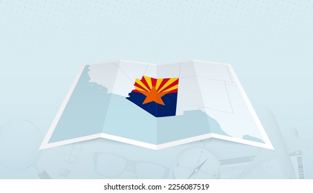 Map of Arizona with the flag of Arizona in the contour of the map on a trip abstract backdrop. Travel illustration.