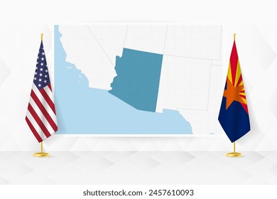 Mapa de Arizona y banderas de Arizona en el stand de la bandera. Ilustración vectorial para la reunión de diplomacia.