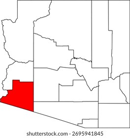 Map of Arizona highlighting Yuma County in Red. Perfect for projects on the Colorado River, US-Mexico border, desert agriculture, and Southwestern Arizona geography.